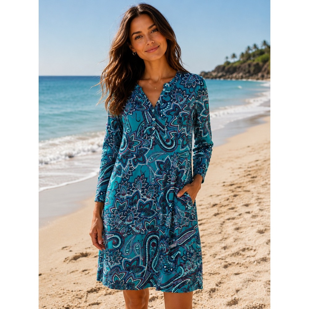 Coolibar Womens Teal Paisley UPF 50+ Sun Protection Dress XS Cotton Bamboo Blend